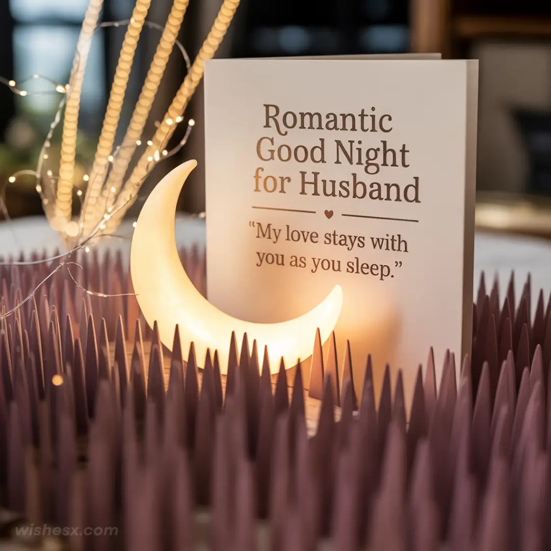 A cozy bedroom scene with soft lighting, a heart-shaped pillow, and a note saying "Good night, my love" for a husband.