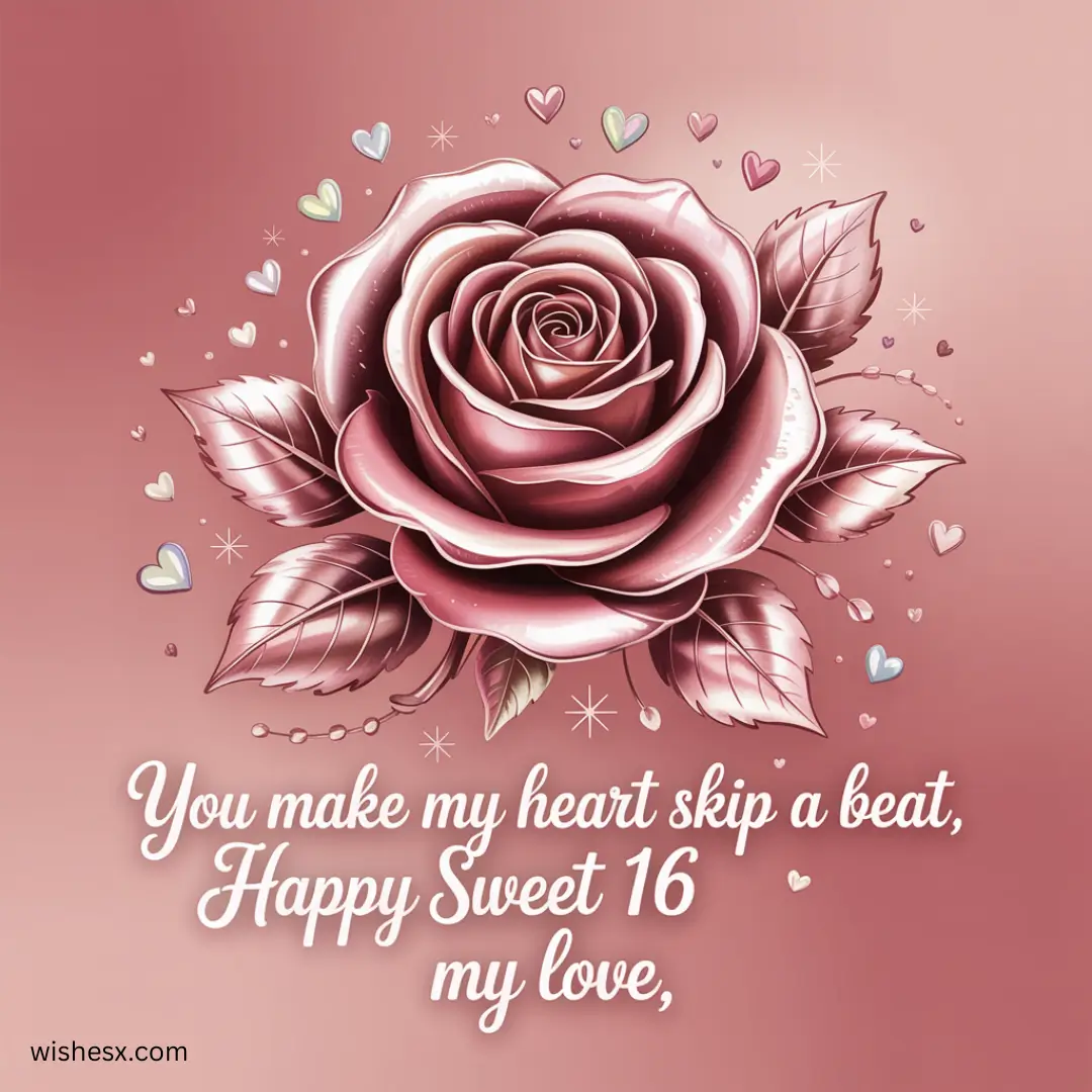 a pink rose with hearts and leaves