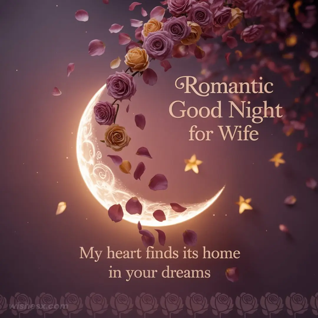 A cozy bedroom scene with soft lighting, a heart-shaped arrangement of rose petals on the bed, and a note saying "Good Night, Love."