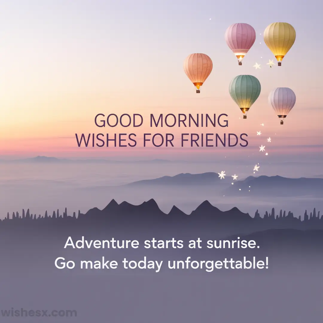 Hot air balloons float above mountains at sunrise with pastel skies. Text reads: Good morning wishes for friends. Adventure starts at sunrise. Go make today unforgettable!.