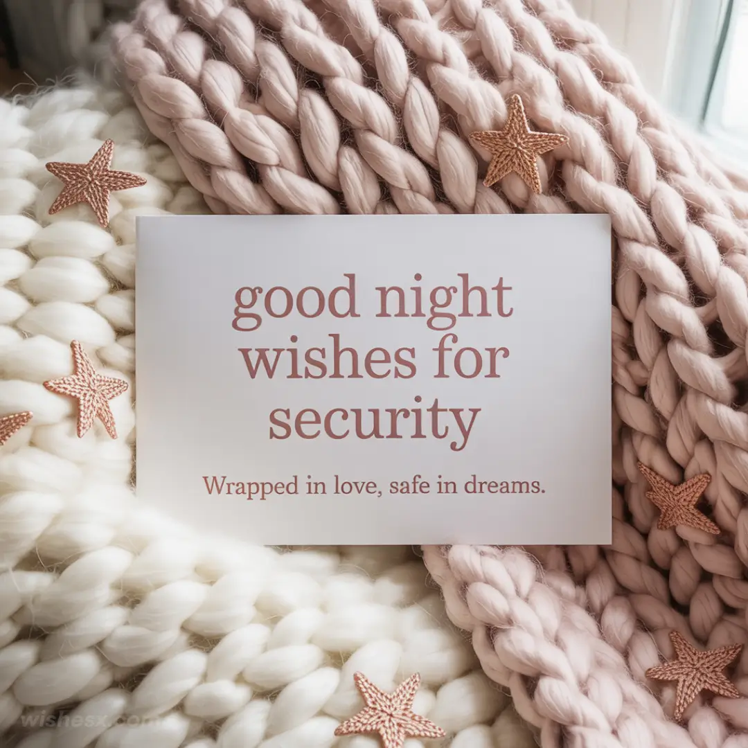 Good night wishes with a focus on security and peace, featuring calming visuals and comforting text.
