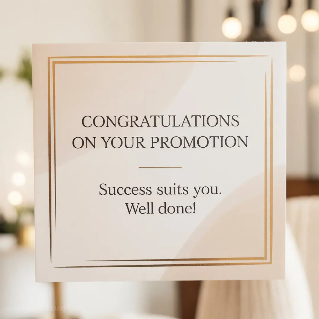 A card with an elegant gold border reads, "Congratulations on your promotion. Success suits you. Well done!" The background is softly lit, creating a warm, celebratory tone.