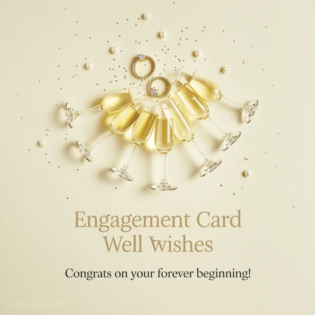 Elegant engagement card featuring champagne glasses forming a semicircle with two rings, surrounded by pearls and confetti. Text reads: "Engagement Card Well Wishes. Congrats on your forever beginning!"