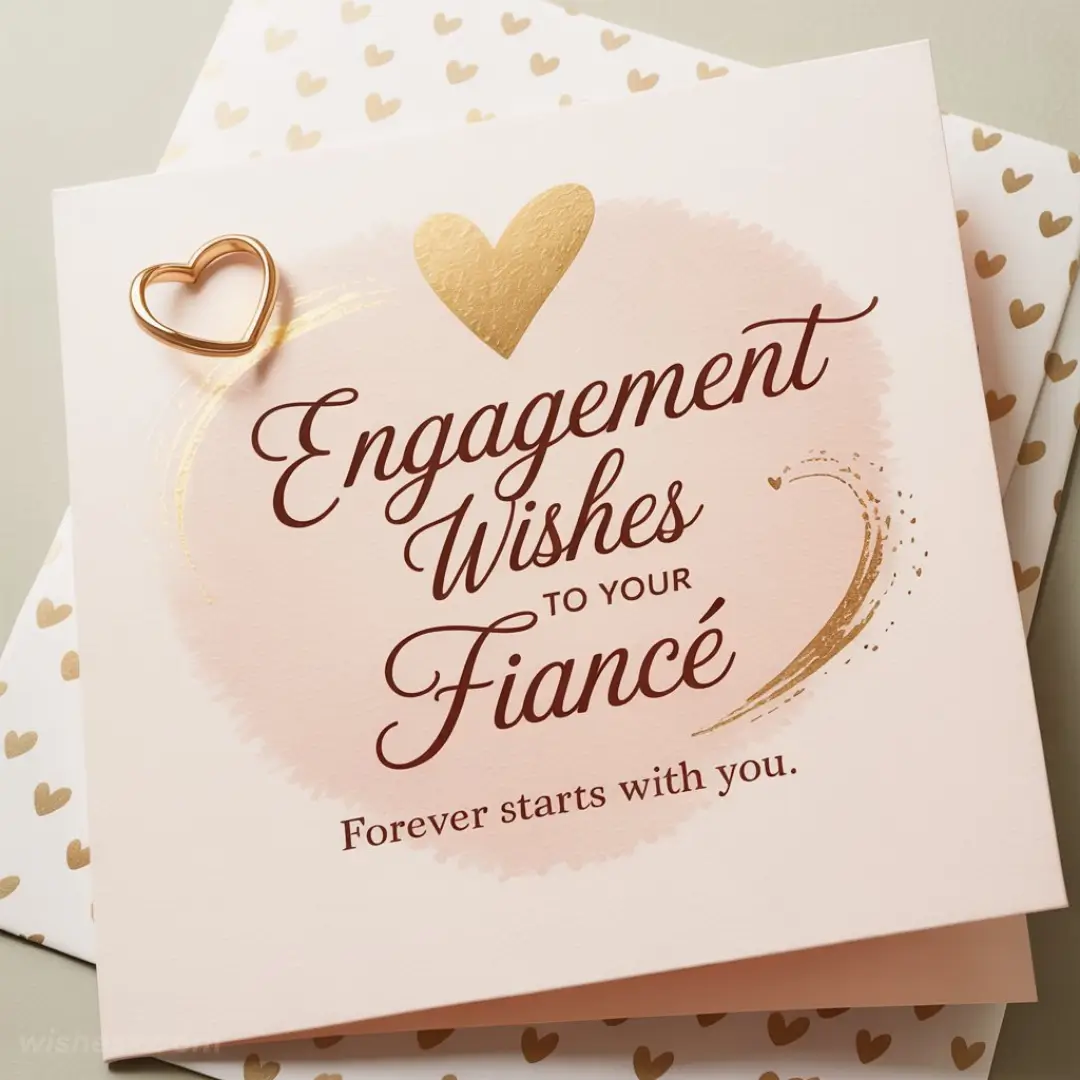 A card featuring "Engagement Wishes to Your Fiancé" in elegant script, with a gold heart accent and the phrase "Forever starts with you." Romantic and celebratory.