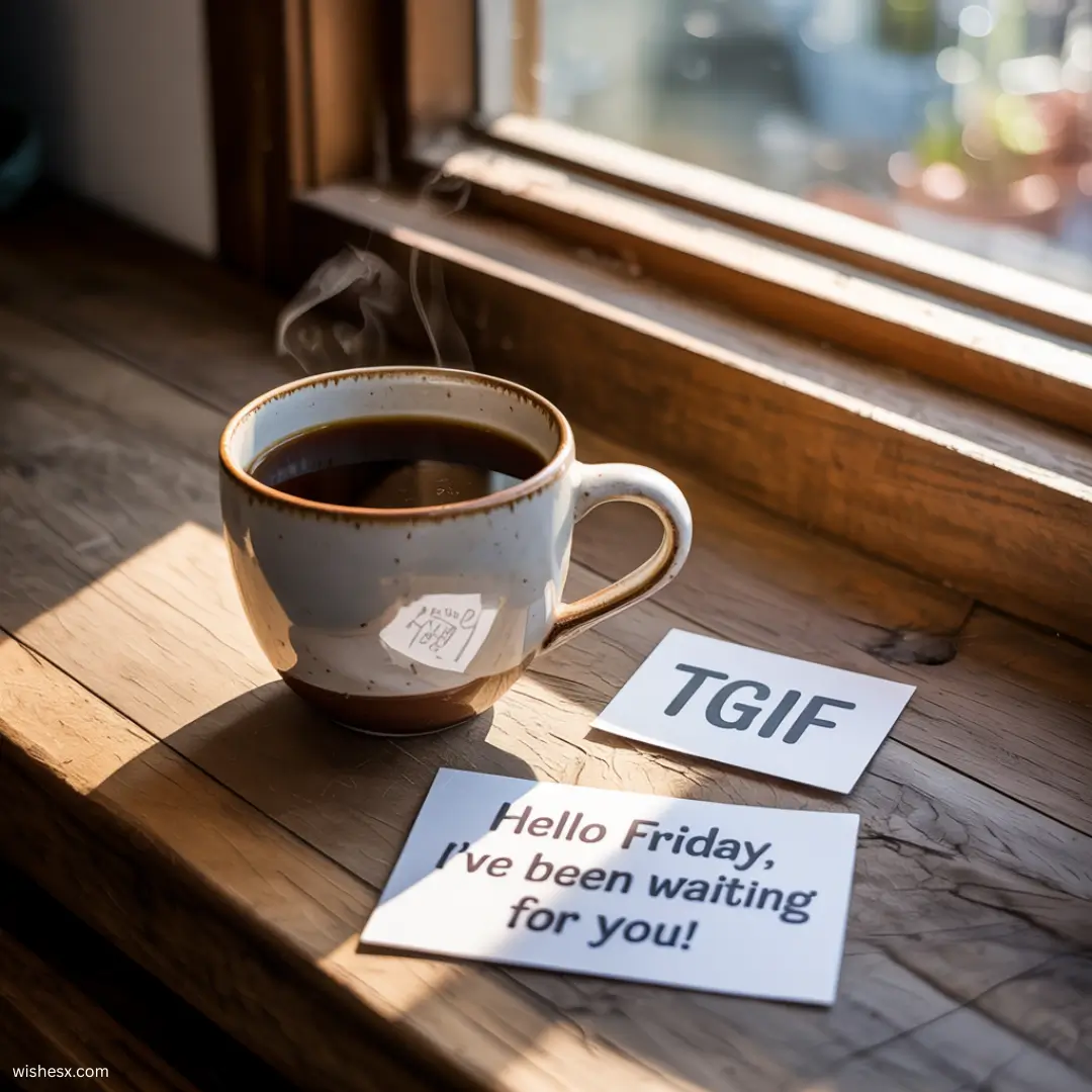 Text graphic saying "Hello Friday, I'm thinking of you" with a cheerful design and vibrant colors.