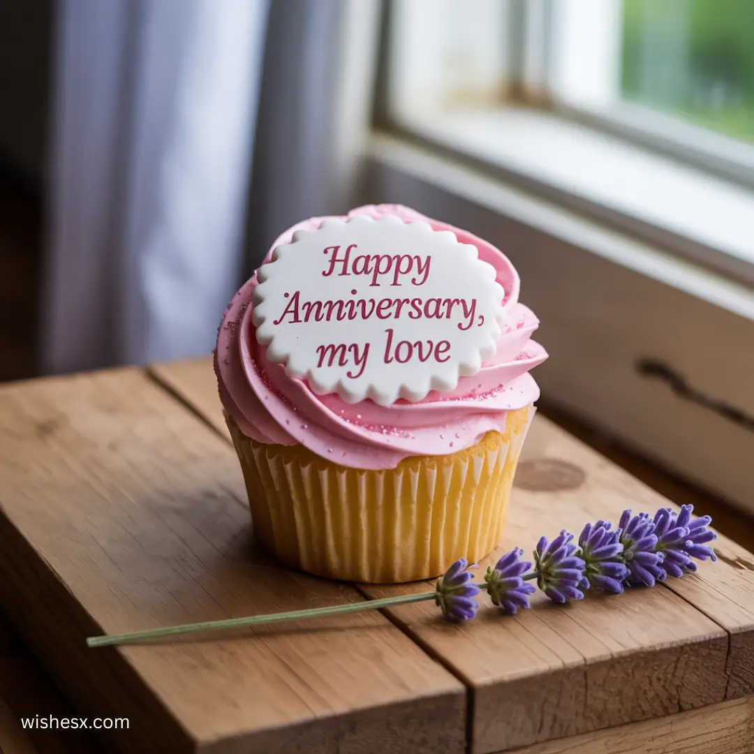  A cupcake decorated with a cheerful "Happy Anniversary" message in colorful icing. 