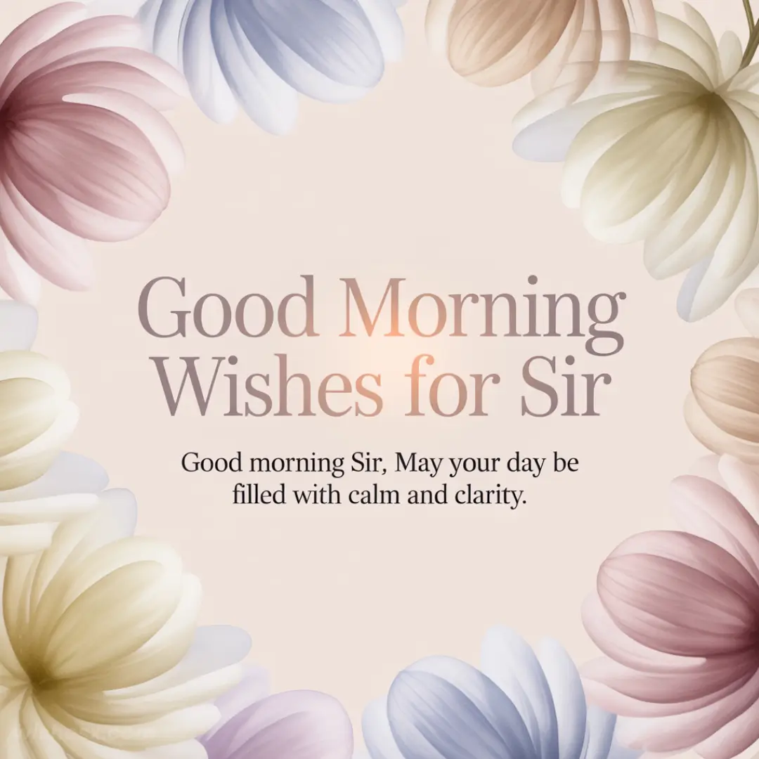 Soft pastel floral border surrounds text saying "Good Morning Wishes for Sir. Good morning Sir, May your day be filled with calm and clarity." Warm and serene tone.