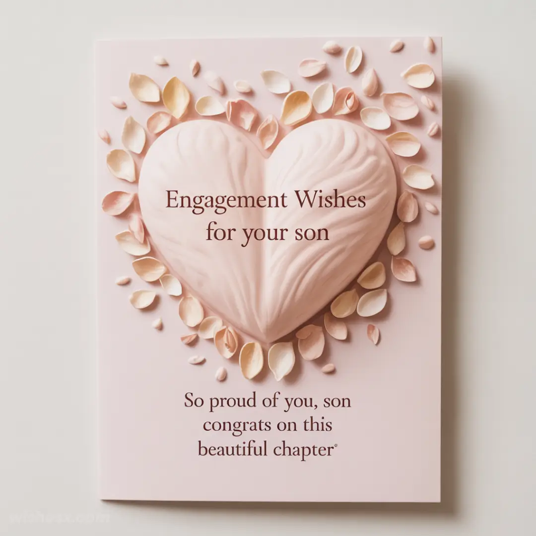A pink card with a heart-shaped design surrounded by petals, featuring the message: "Engagement Wishes for your son. So proud of you, son, congrats on this beautiful chapter." The tone is celebratory and warm.