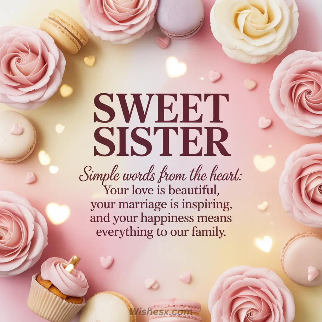 Here's a suitable alt text description for the image: Pink and cream roses and macarons frame heartfelt text reading "Sweet Sister" and a message about love and inspiration. Soft, warm tones convey affection.