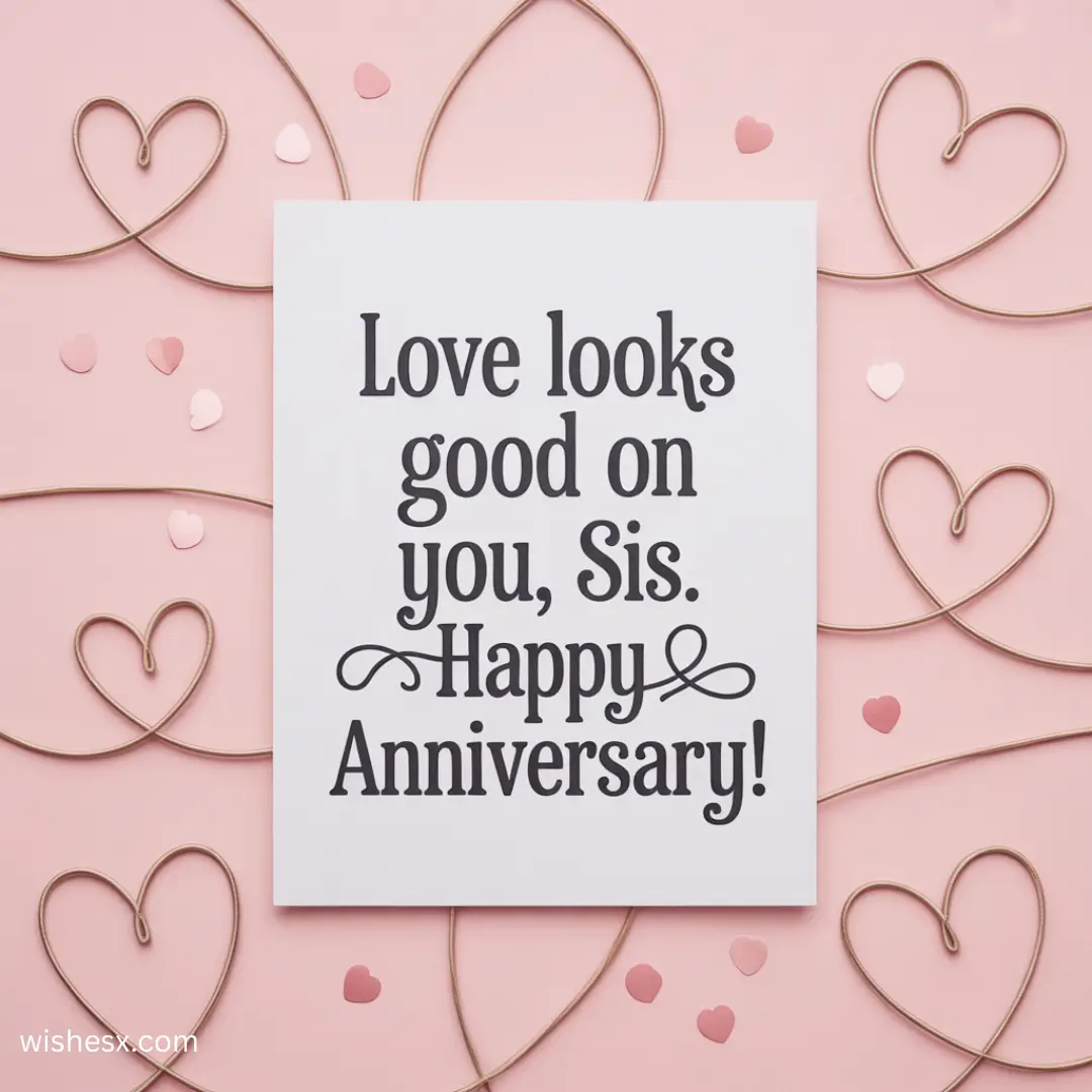 Colorful anniversary card featuring heartfelt messages celebrating a sister's special day with floral designs.