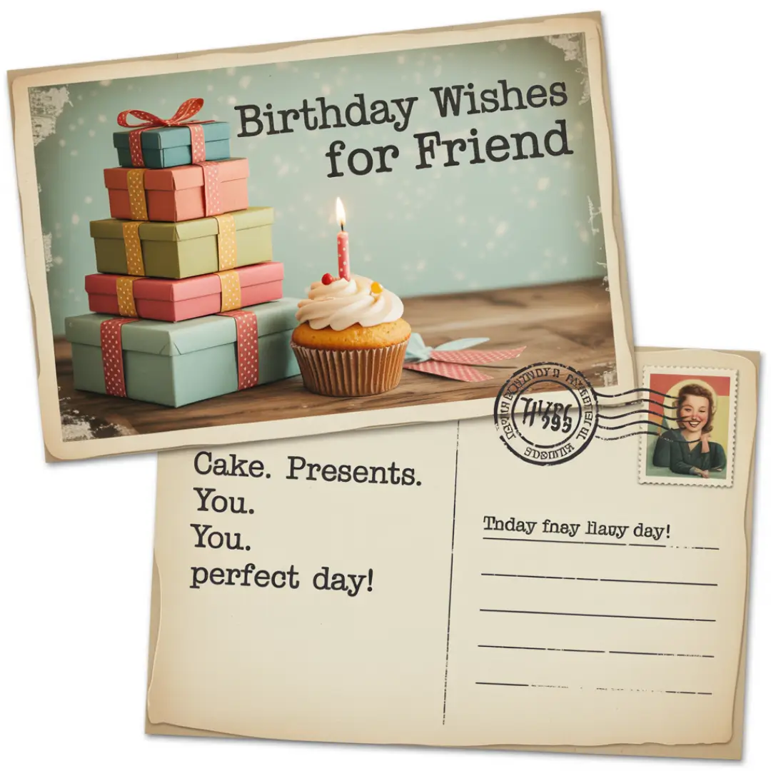 A vintage postcard with "Birthday Wishes for Friend." It shows colorful gift boxes and a cupcake with a lit candle. The card reads, "Cake. Presents. You. Perfect day!"