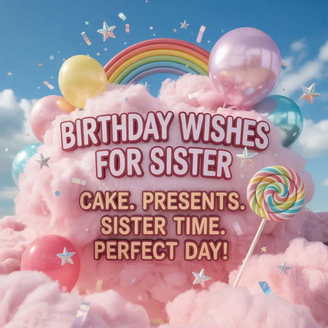 Whimsical birthday graphic with "Birthday Wishes for Sister" text on pink clouds, surrounded by balloons, a rainbow, and a colorful lollipop. Happy tone.