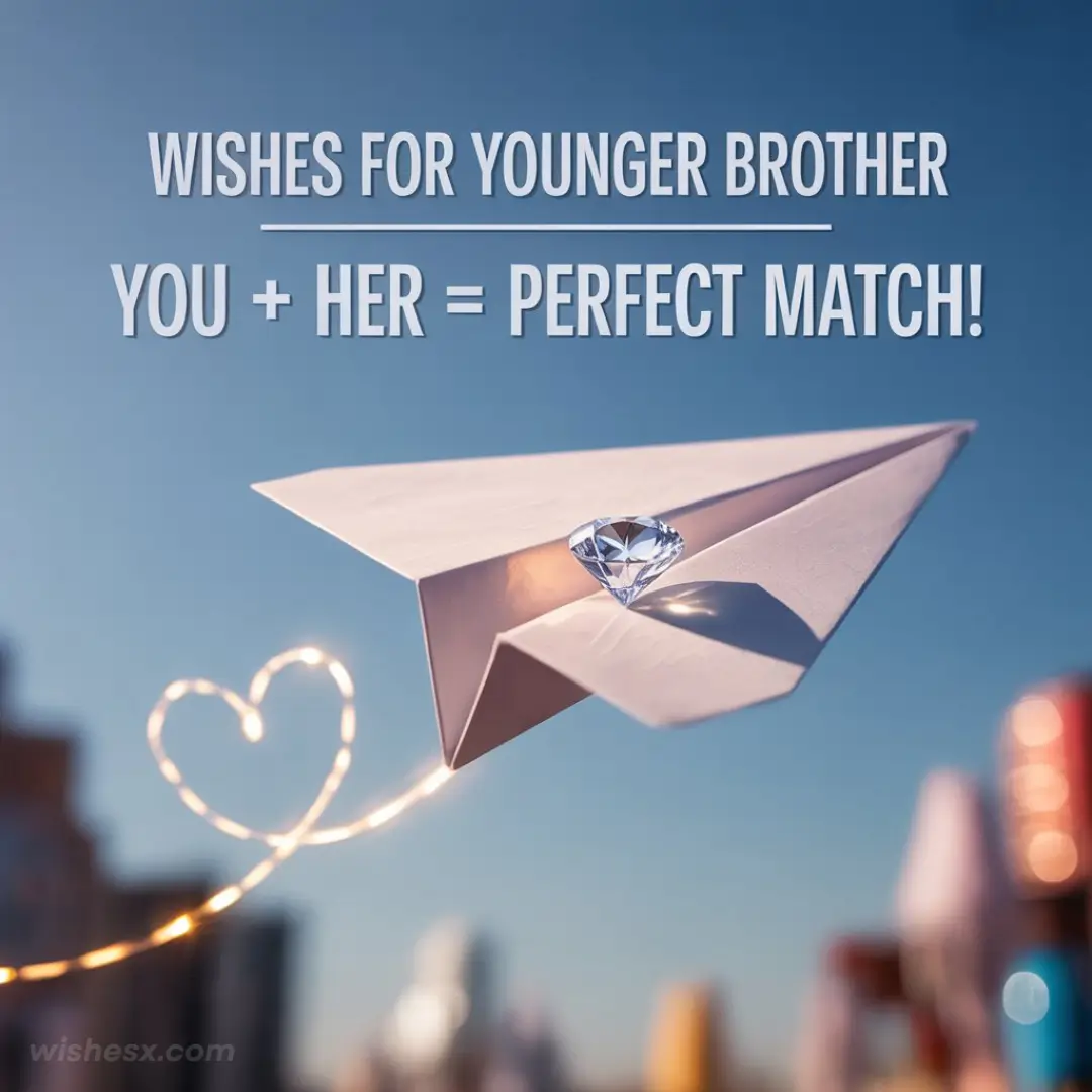 A paper airplane with a diamond on top flies through a clear sky, trailing a glowing line forming a heart. Text reads, "Wishes for younger brother. You + Her = Perfect Match!" The scene conveys themes of love and celebration.