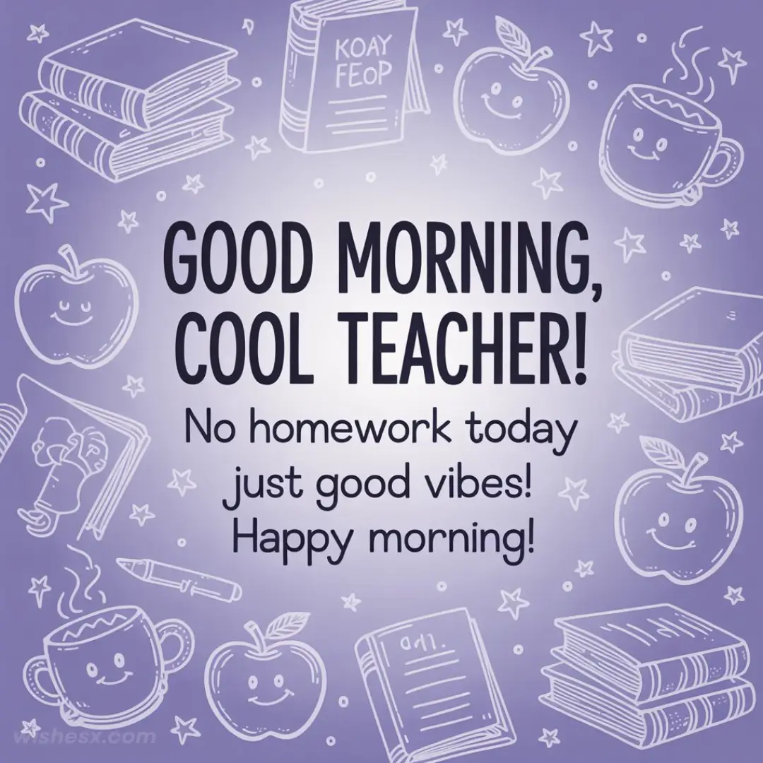The image features the text "Good morning, cool teacher! No homework today, just good vibes! Happy morning!" surrounded by doodles of smiling apples, books, a steaming coffee cup, stars, and a pen on a purple gradient background, conveying a cheerful and positive tone.