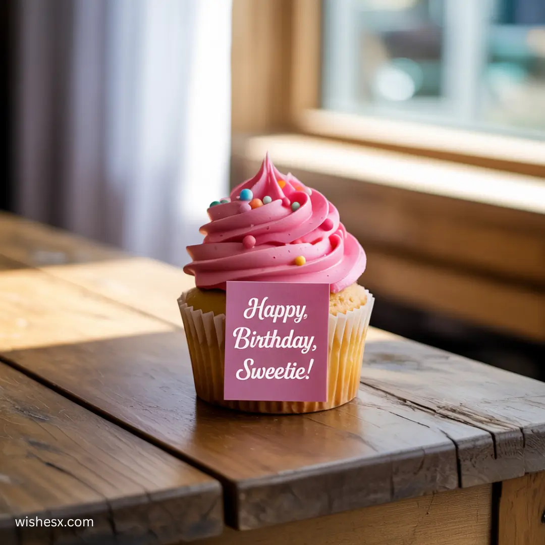 A pink-frosted cupcake with colorful sprinkles sits on a wooden table near a window, featuring a tag that reads, "Happy Birthday, Sweetie!"
