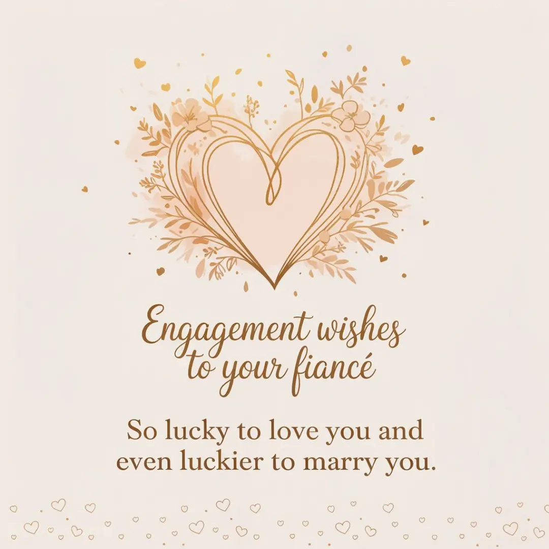 Elegant engagement card with a heart surrounded by floral designs. Text reads, "Engagement wishes to your fiancé. So lucky to love you and even luckier to marry you." Romantic tone.