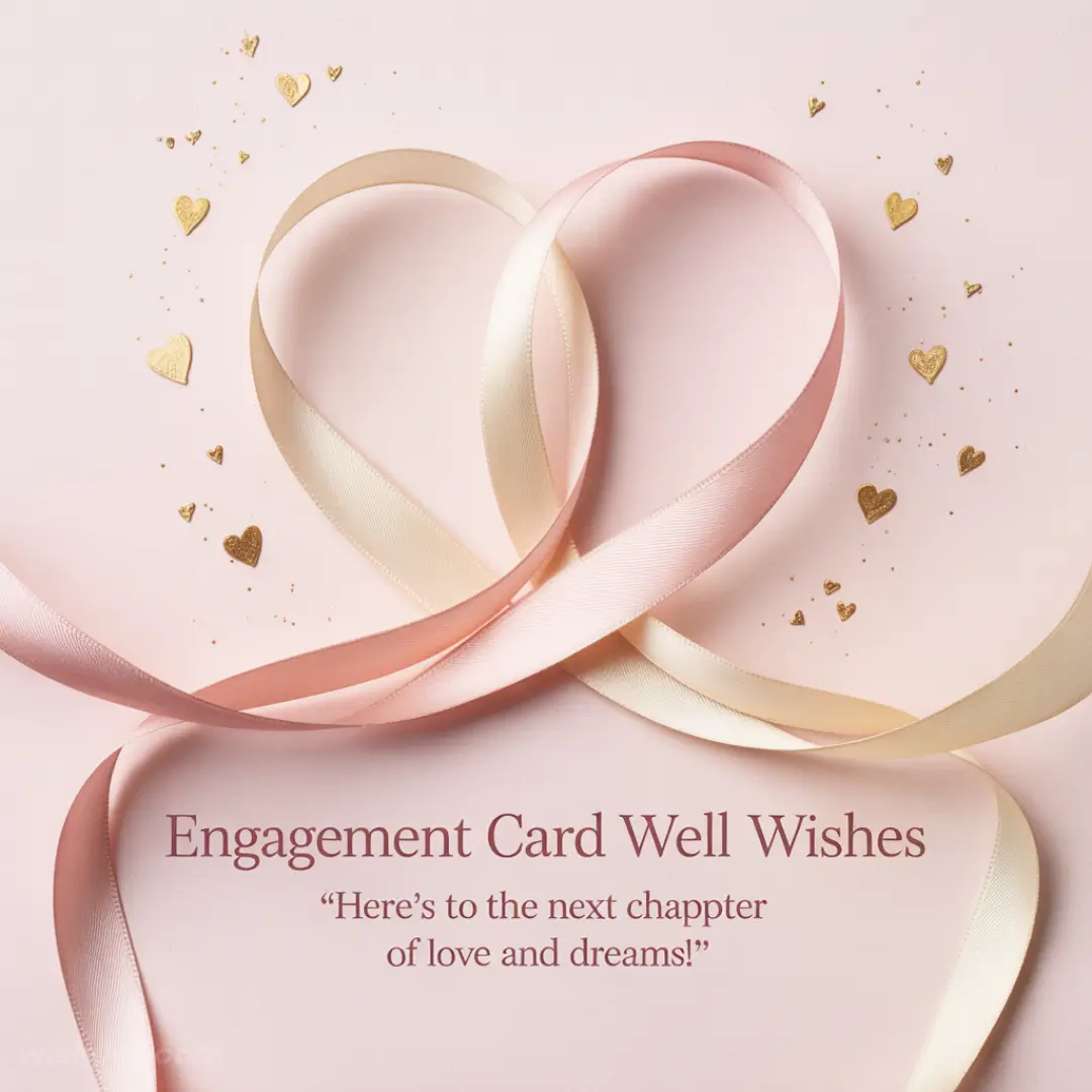 Pink and cream ribbons form a heart on a soft pink background, with golden heart confetti scattered around. Text reads, "Engagement Card Well Wishes."