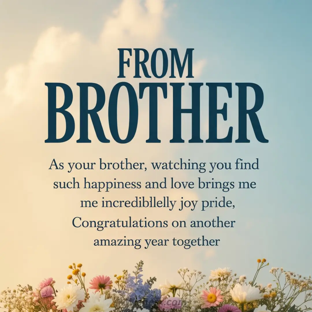 Alt text: "Greeting card with text 'From Brother' in bold, overlaid on a sky background with clouds. Colorful flowers are at the bottom, conveying a warm, heartfelt tone."