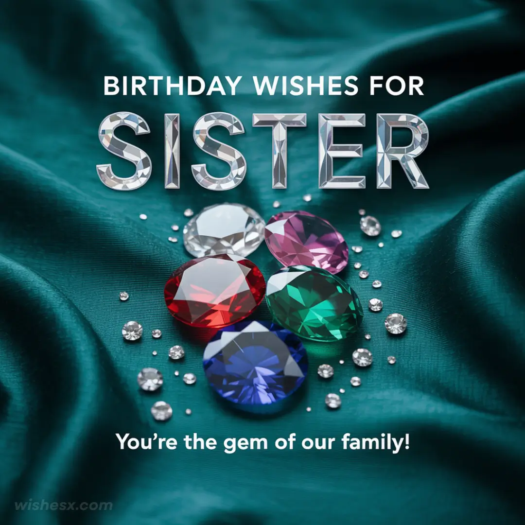 Birthday card on teal fabric with large, colorful gemstones and sparkling diamonds. Text reads, "Birthday Wishes for Sister. You're the gem of our family!"