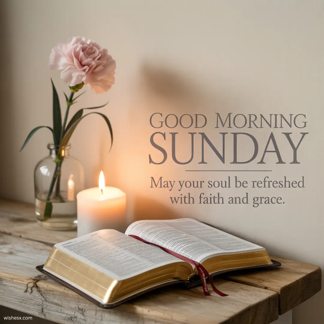 A serene morning scene with soft sunlight and a peaceful atmosphere, conveying a warm Sunday greeting.
