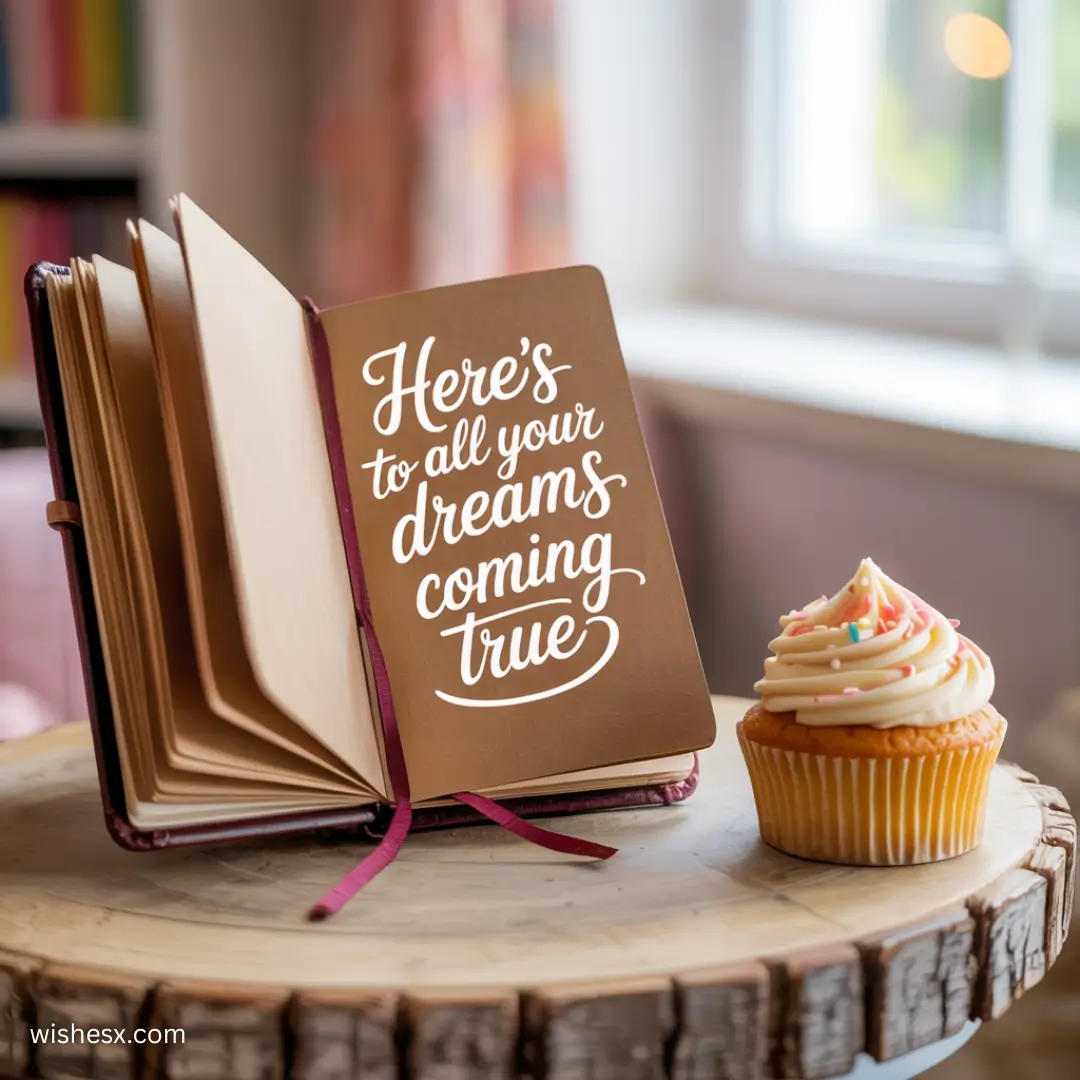 Open journal with "Here's to all your dreams coming true" text, atop wooden table beside a cupcake with frosting and sprinkles. Warm, cozy ambiance.