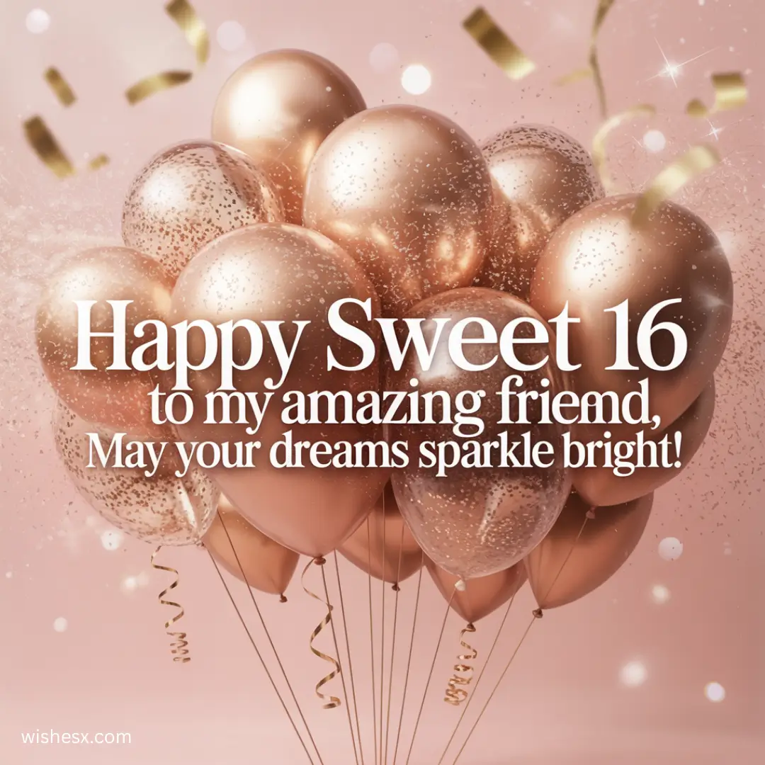A cheerful birthday message for a friend celebrating their sweet 16, wishing them bright dreams and happiness.