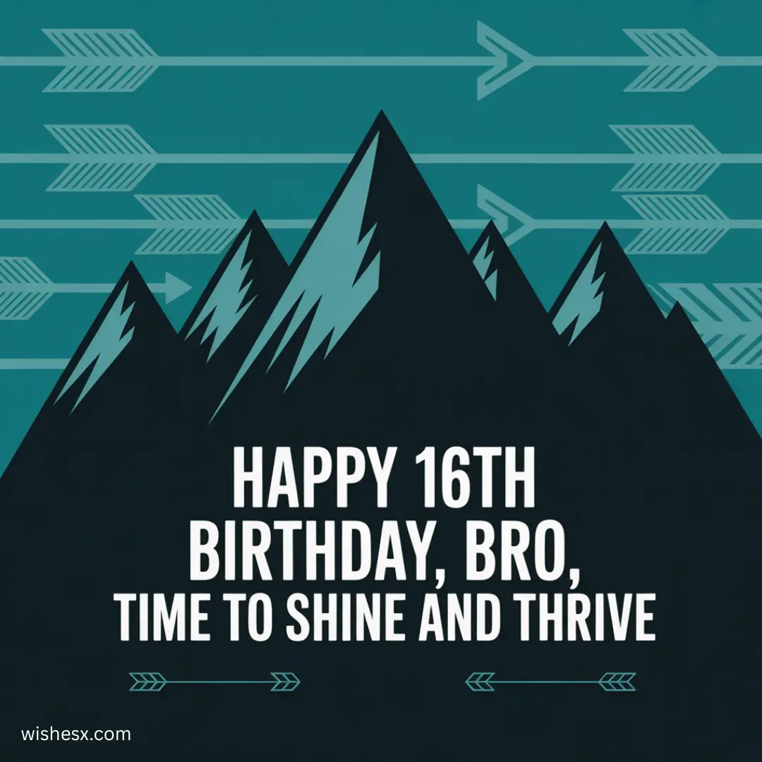 a blue and white card with mountains and arrows