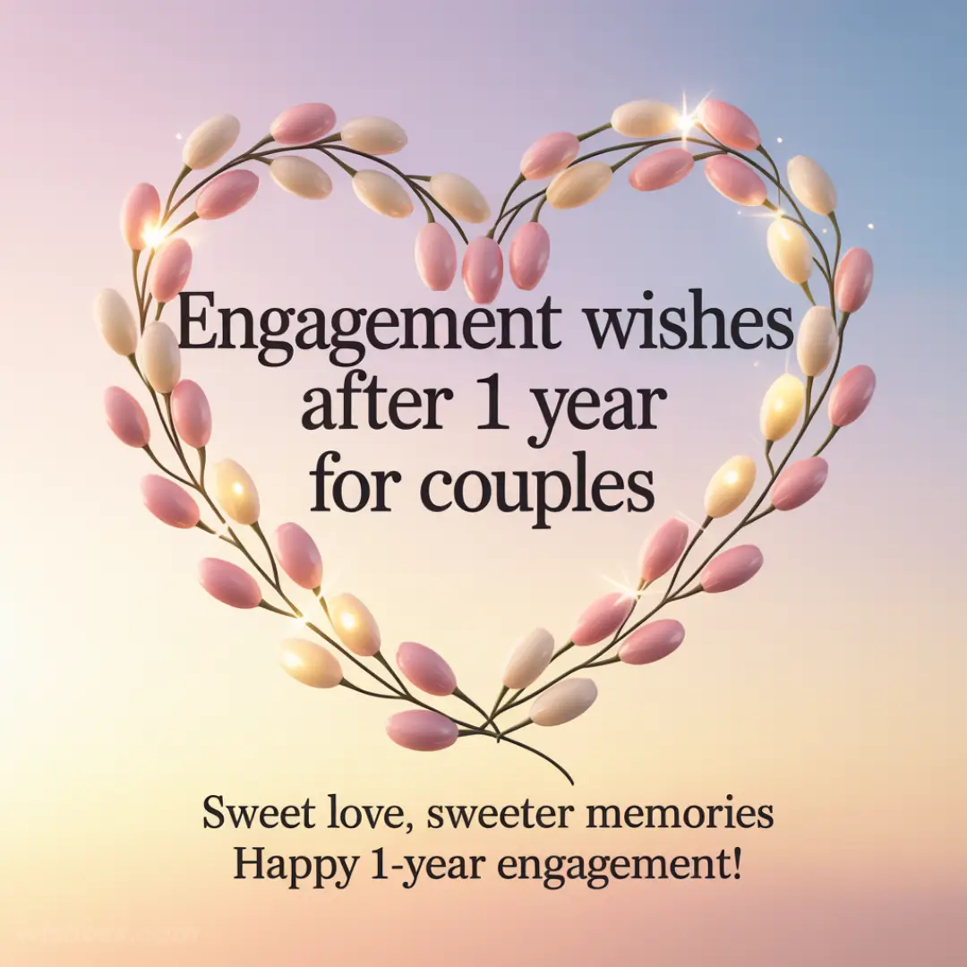 Heart-shaped wreath of pink and beige buds against a soft gradient background with text: "Engagement wishes after 1 year for couples. Sweet love, sweeter memories. Happy 1-year engagement!"