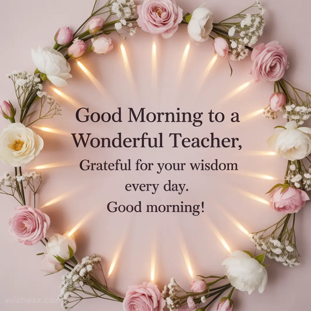 Pink and white flowers with tiny lights are arranged in a circle around text wishing a teacher a good morning, expressing gratitude and warmth.