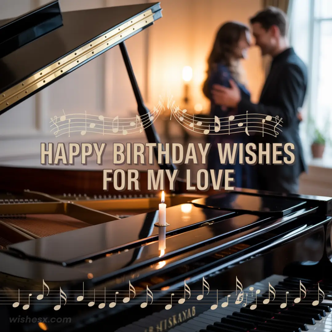 A lit candle sits on a grand piano, with a couple embracing in the blurred background. Text reads, "Happy Birthday Wishes for My Love," surrounded by musical notes.