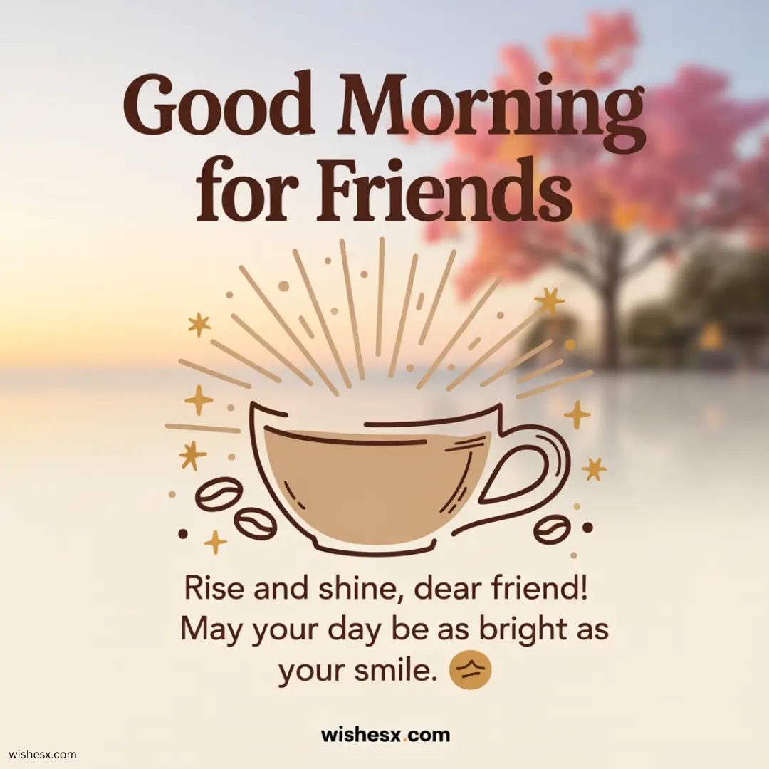 A graphic with a coffee cup and shining rays, coffee beans, and text that reads: Good Morning for Friends. Send your good morning wishes for friends! May your day be as bright as your smile. A blurred tree and sky are in the background.