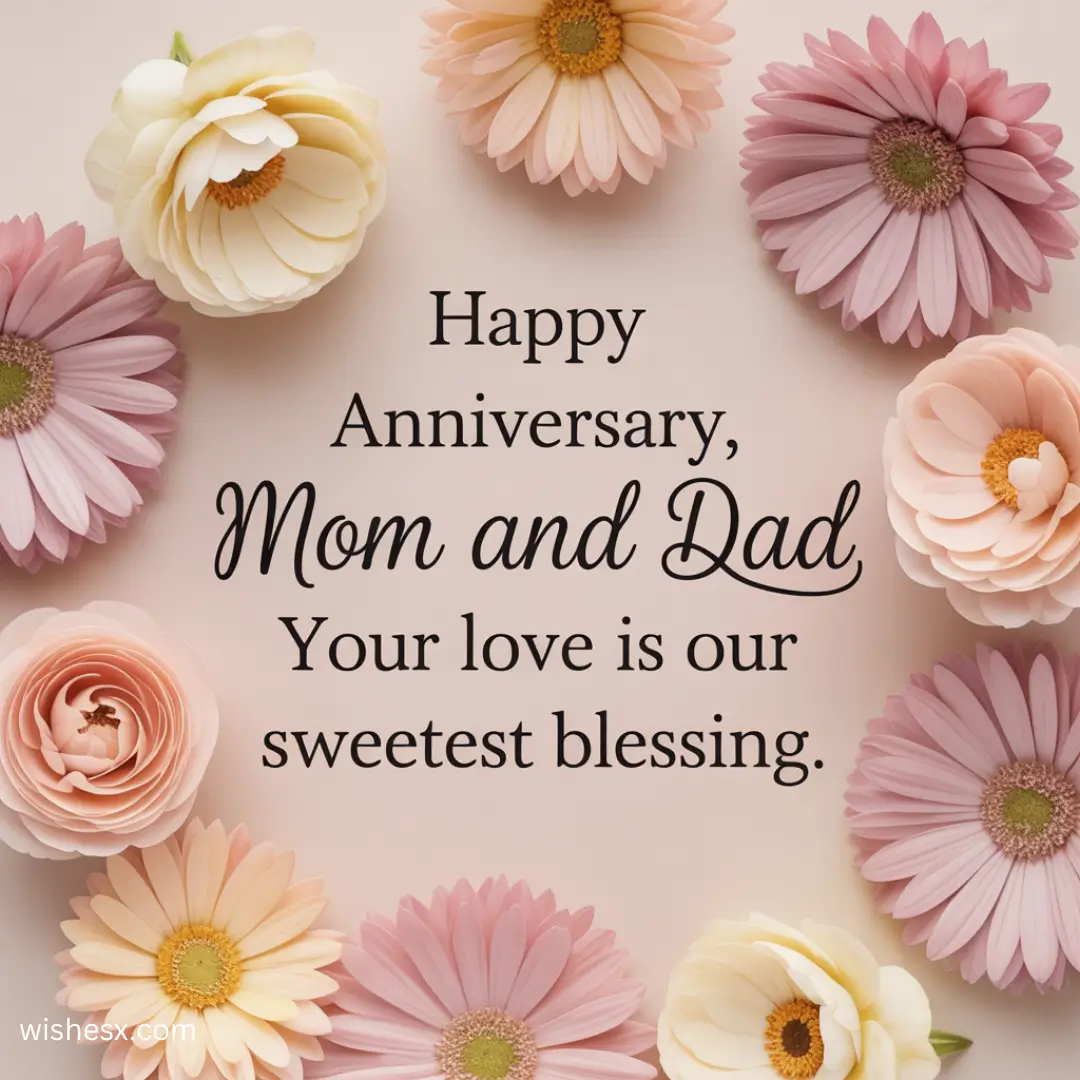 Anniversary card wishing a happy anniversary to mom and dad, featuring festive designs and heartfelt messages.