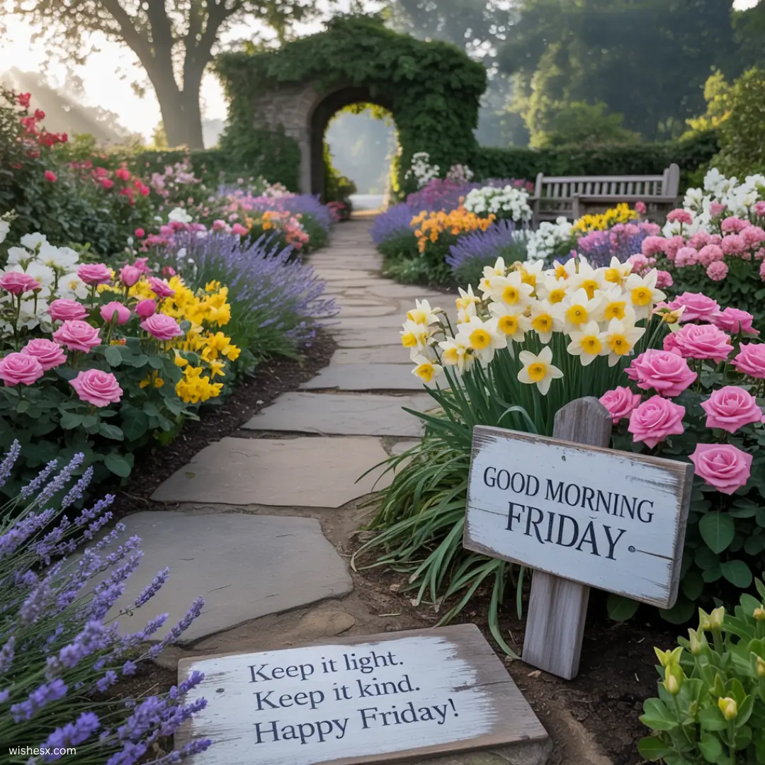 A cheerful morning greeting with the text "Good morning, keep the light, happy Friday" in bright colors.