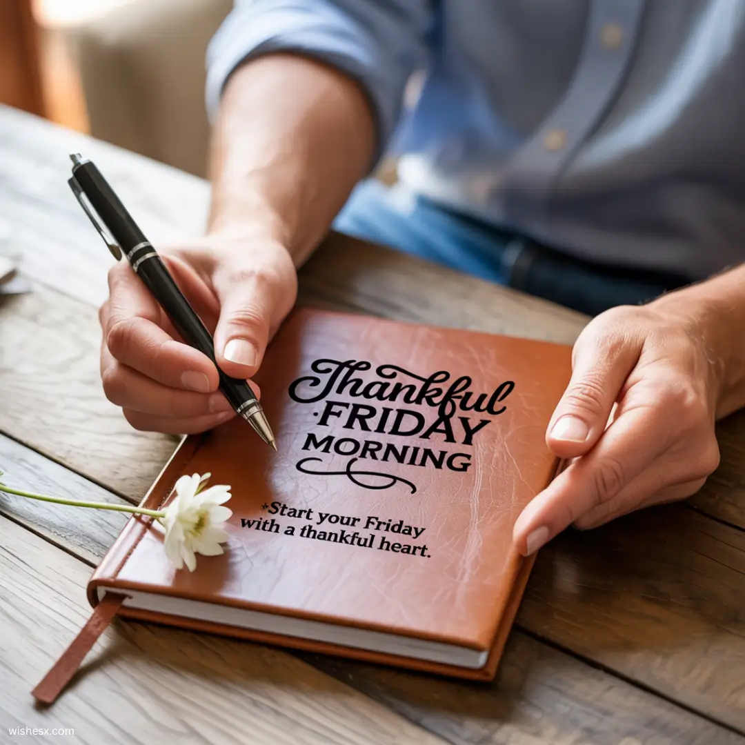  A notebook open on a table, with the words "Thankful Friday Morning" written on the first page in colorful ink.