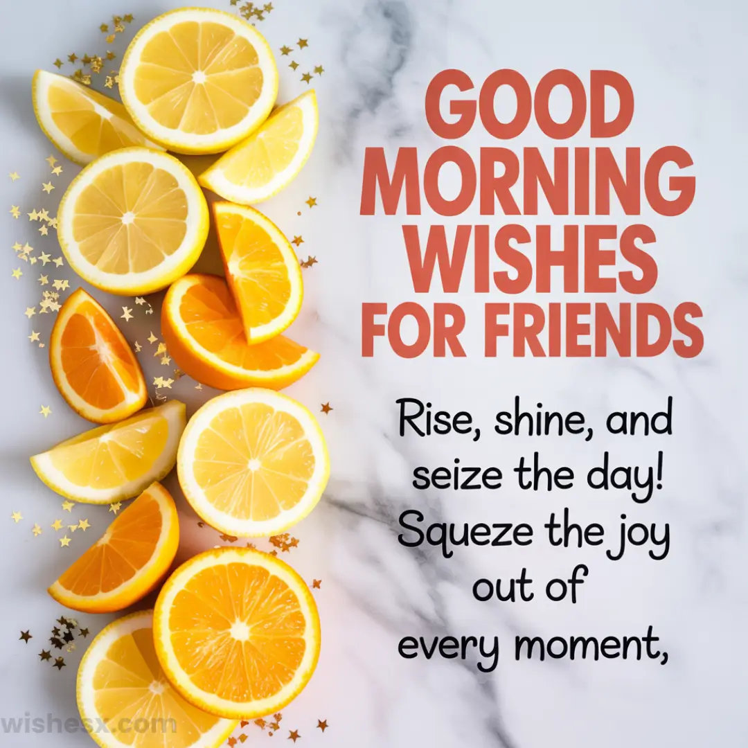 Sliced lemons and oranges are arranged on a marble surface with scattered gold stars. Text reads, GOOD MORNING WISHES FOR FRIENDS. Rise, shine, and seize the day! Squeeze the joy out of every moment.