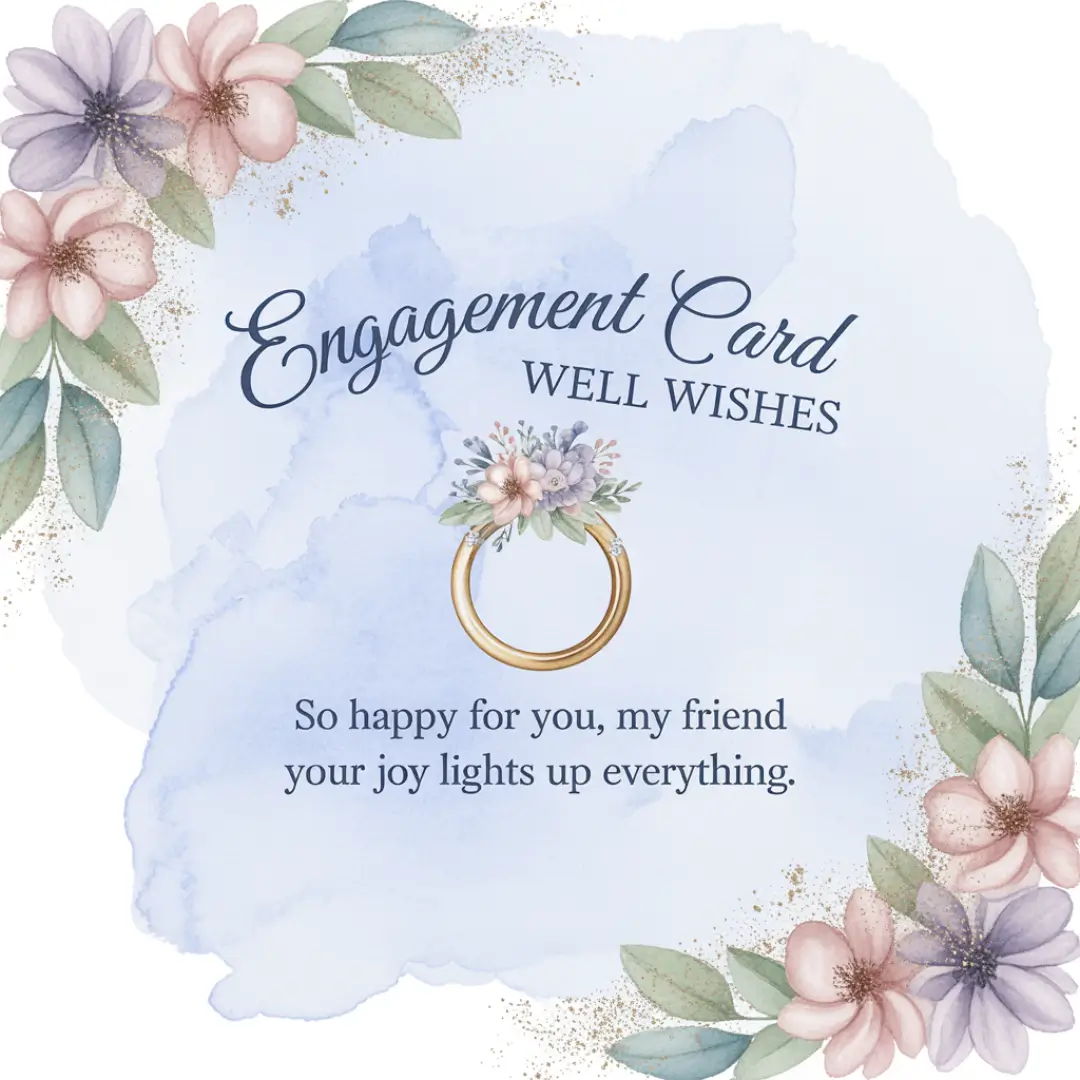 Elegant engagement card with "Well Wishes" text, features a floral-decorated ring on a blue watercolor background. Soft pastel flowers evoke joy and warmth.