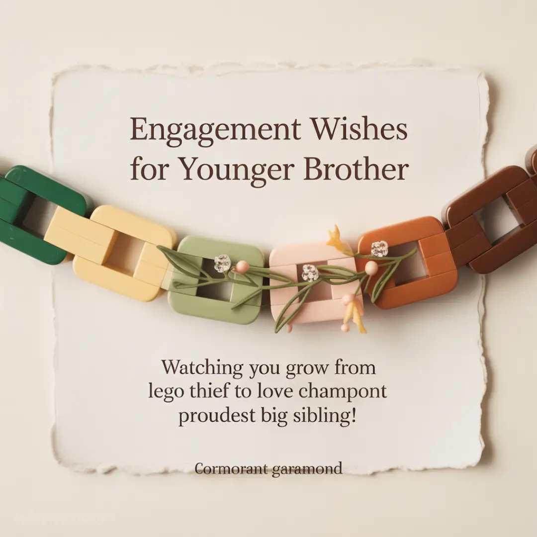 Alt text: "Engagement card featuring text 'Engagement Wishes for Younger Brother' on a torn paper. A chain of colorful interlocking rectangles decorates the card."