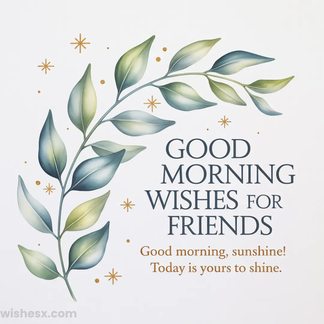 An illustration of green and blue leaves with golden stars, alongside the text: Good morning wishes for friends. Good morning, sunshine! Today is yours to shine.