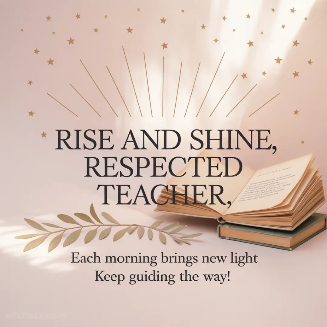 Text reads, “Rise and shine, respected teacher. Each morning brings new light. Keep guiding the way!” with open books and starburst design on soft pink background.