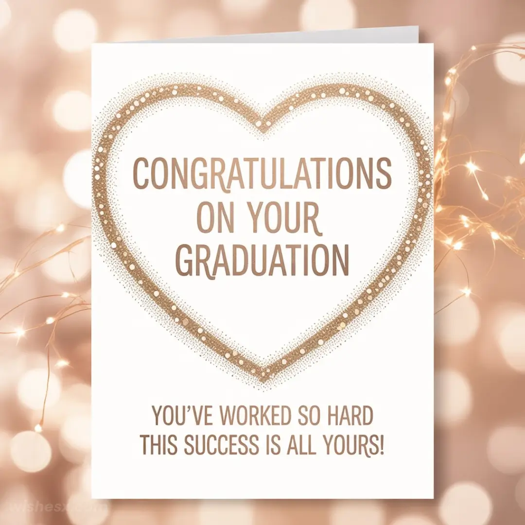 Graduation card with a gold dotted heart and text: “Congratulations on your graduation. You've worked so hard, this success is all yours!” Background of soft bokeh lights.
