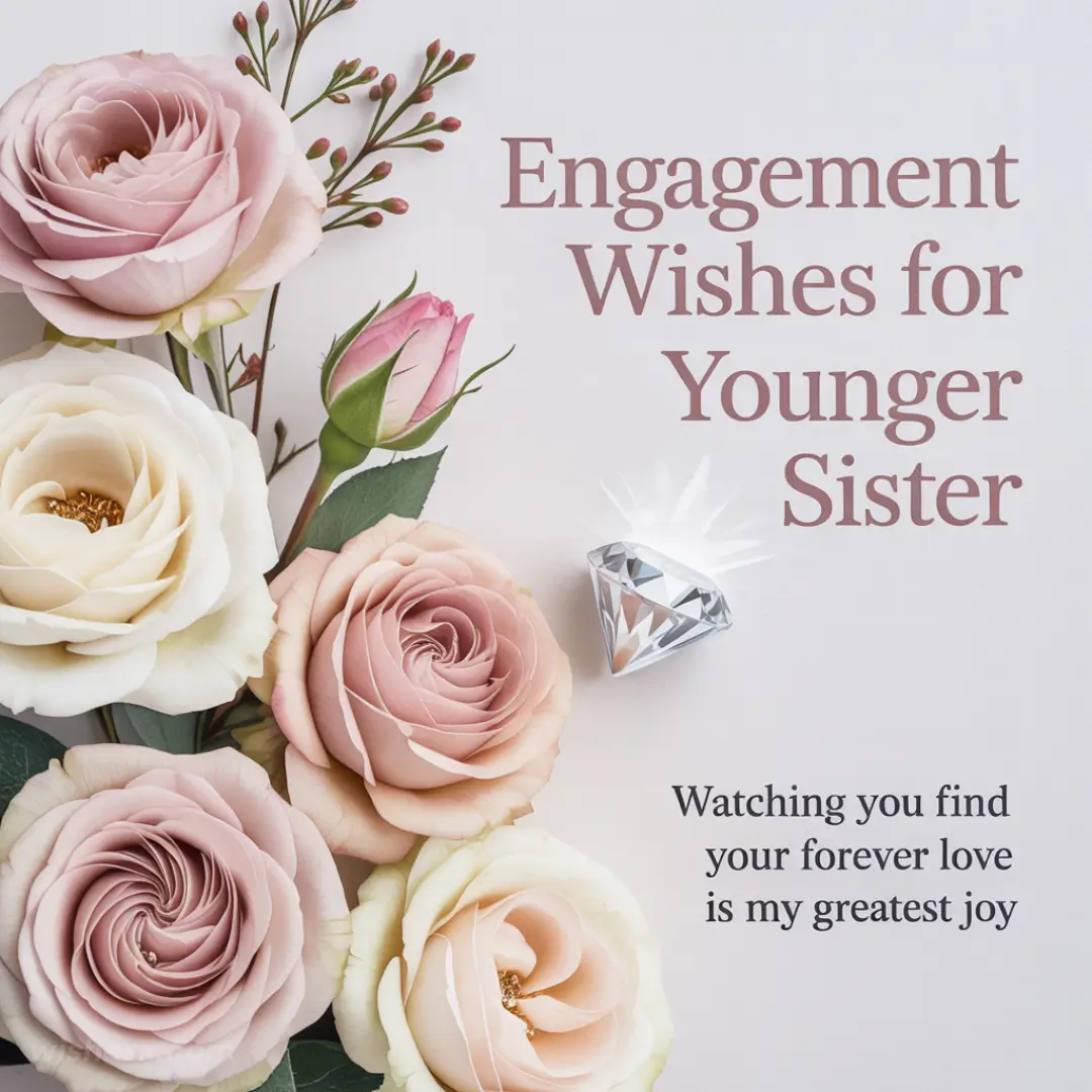 Elegant engagement card with pink and white roses, a shining diamond illustration, and text: “Engagement Wishes for Younger Sister. Watching you find your forever love is my greatest joy.” Romantic and joyful tone.