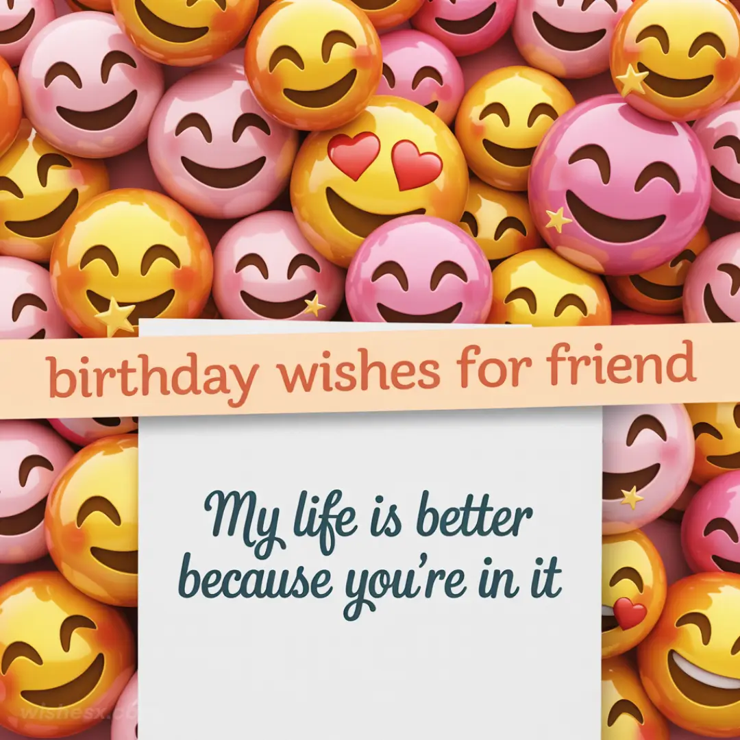 A collection of colorful smiling emojis fills the background. A banner reads "birthday wishes for friend" and beneath it is the message, "My life is better because you're in it." The tone is cheerful and affectionate.