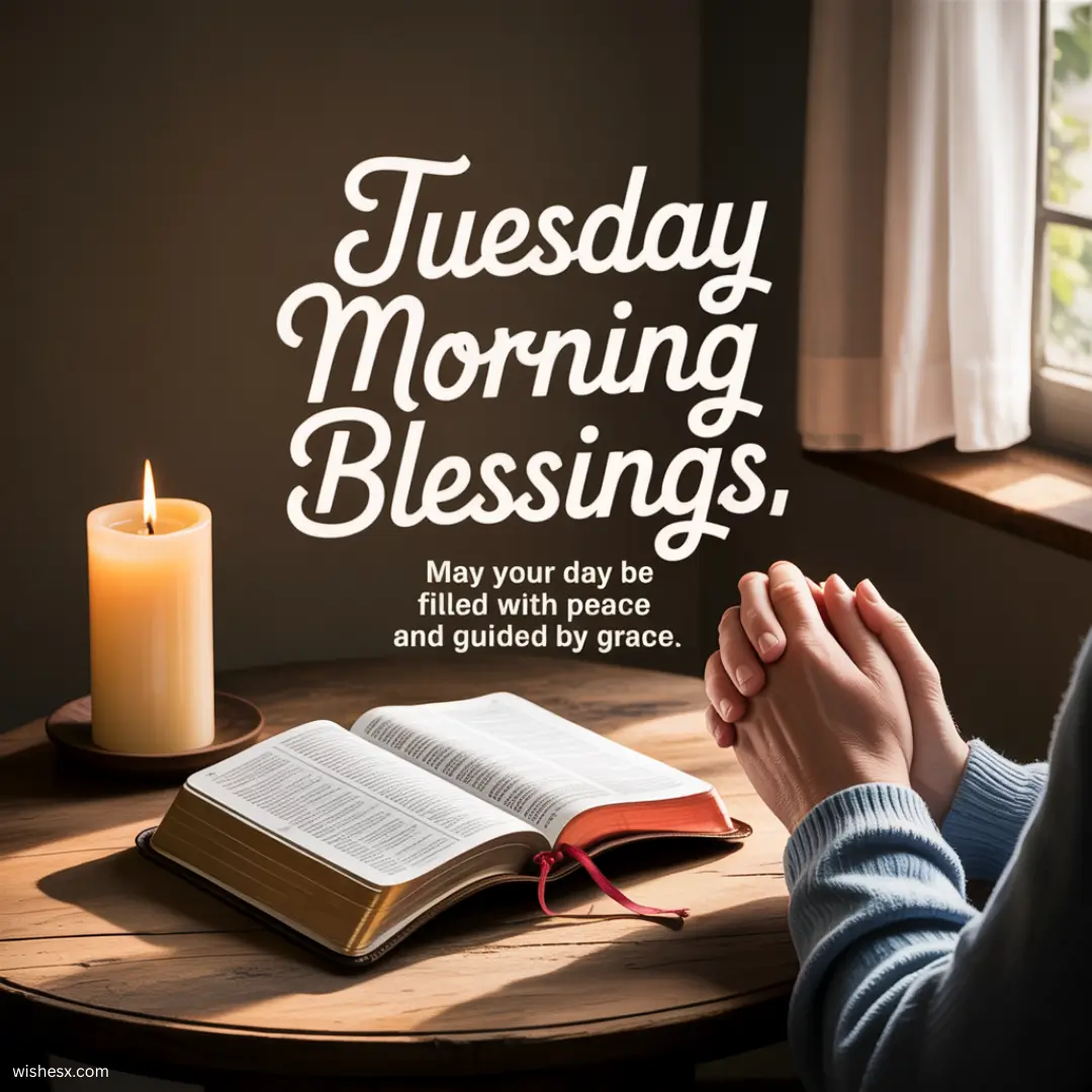A serene morning scene with sunlight filtering through trees, symbolizing blessings and positivity for Tuesday.