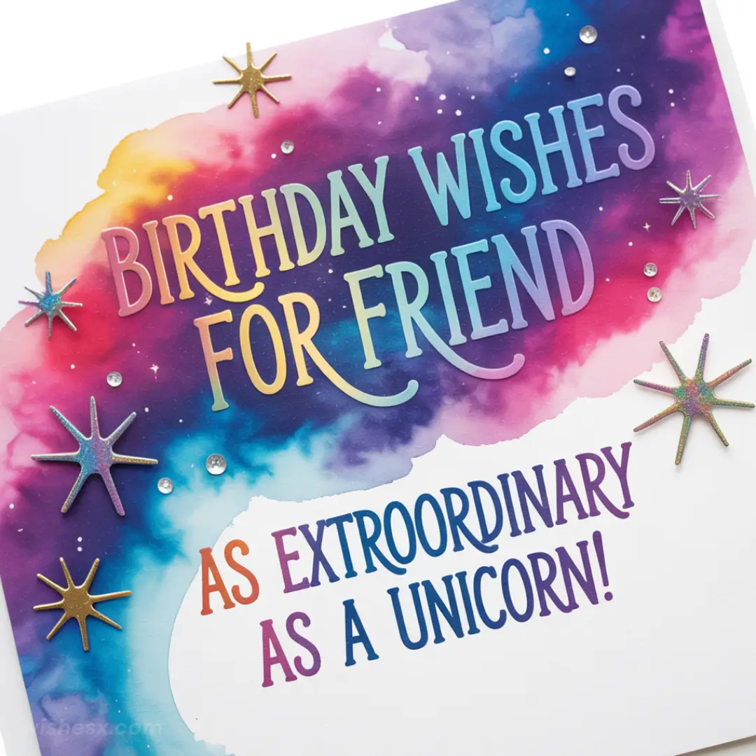 Colorful birthday card with a vibrant galaxy background. Text reads "Birthday Wishes for Friend as Extraordinary as a Unicorn!" Decorated with shiny stars.
