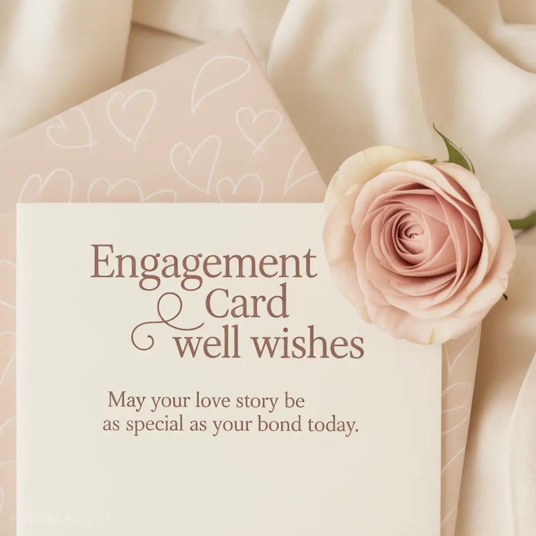 A cream-colored engagement card with brown text saying, "May your love story be as special as your bond today," next to a soft pink rose on a silky fabric.