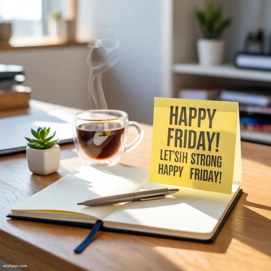 Text graphic celebrating Friday with the message "Happy Friday, let's be strong, strong Friday" in vibrant colors.