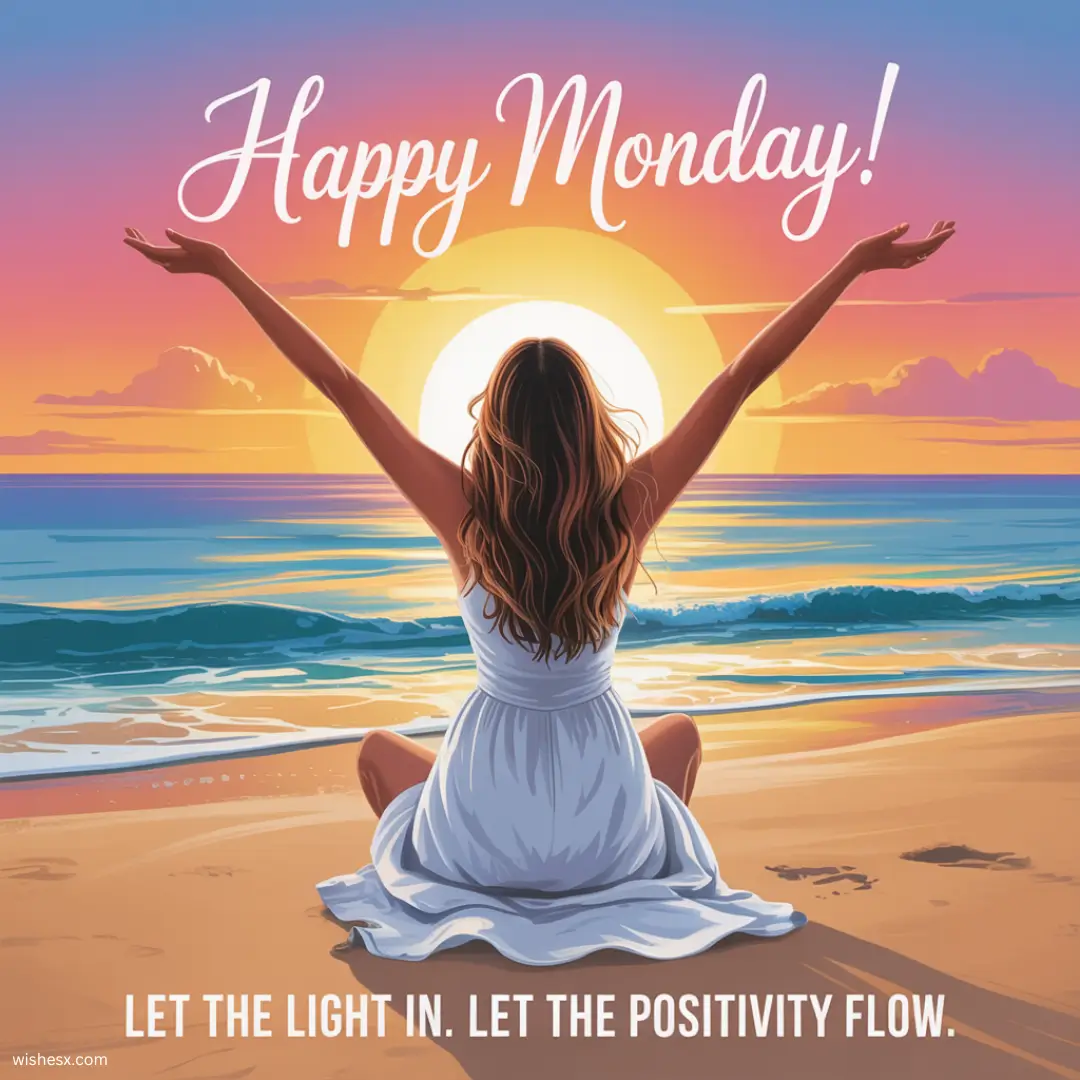  A bright, cheerful image with the text "Happy Monday! Let the light in, let the positive flow" in vibrant colors. 