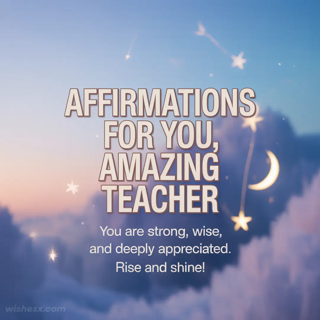 A serene sky at dawn with soft clouds, stars, and a crescent moon. Text reads, "Affirmations for you, amazing teacher. You are strong, wise, and deeply appreciated. Rise and shine!"
