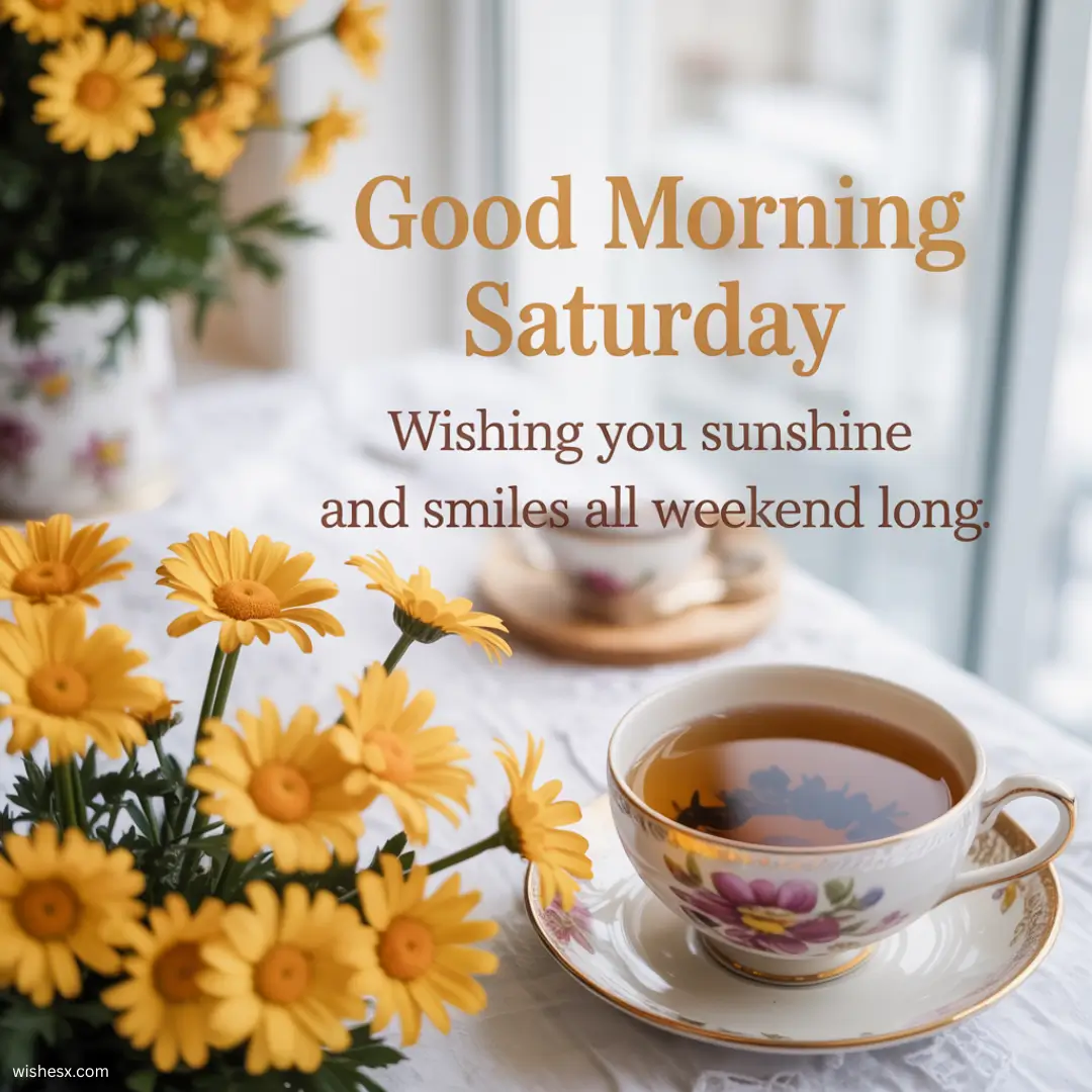  A cheerful graphic wishing a good morning on Saturday, featuring bright colors and uplifting text.