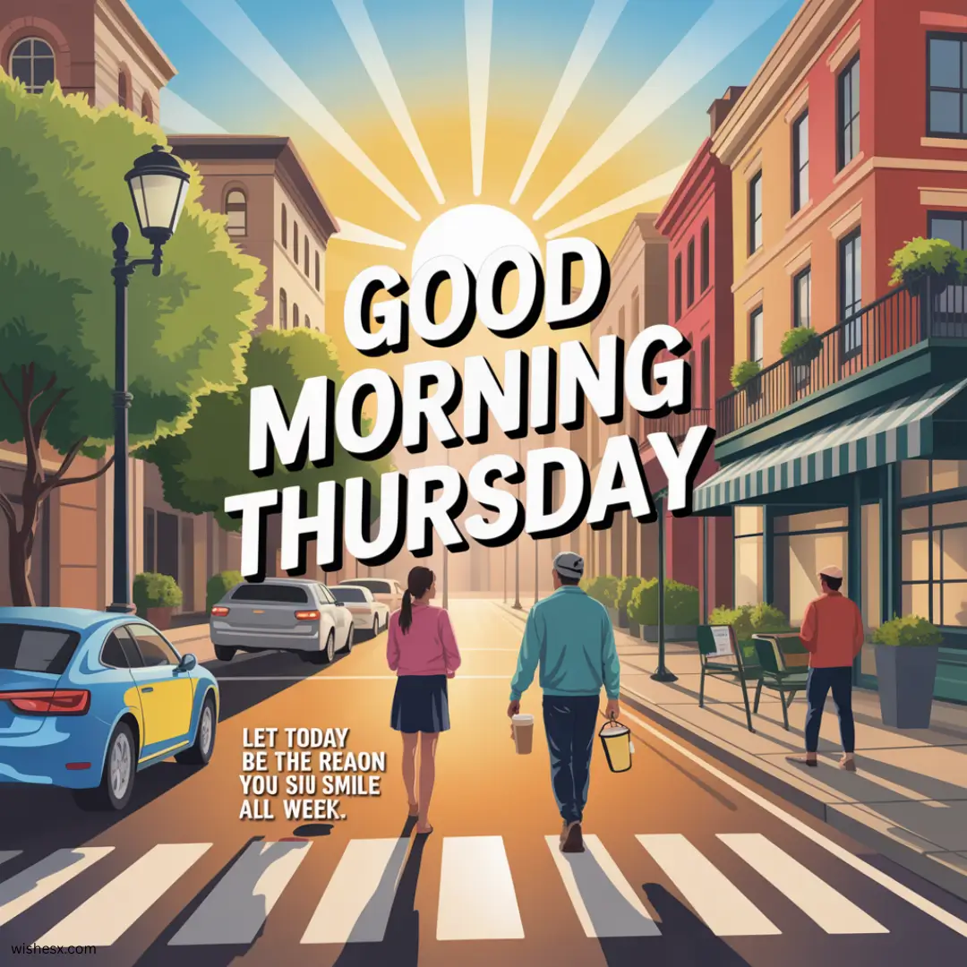  Good morning Thursday poster with diverse people walking on a busy street, creating a lively urban atmosphere.